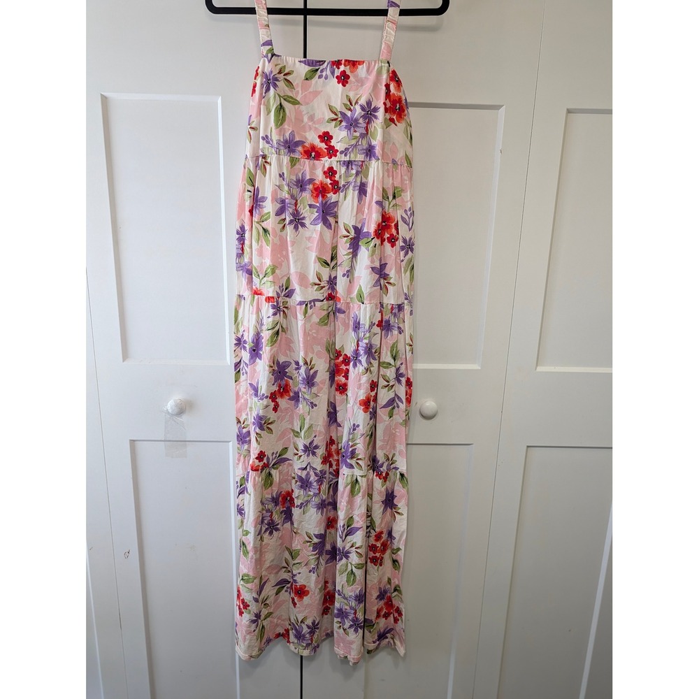 Louna Floral Tiered Maxi Dress Pink Purple Red Large Sleeveless Square Neck